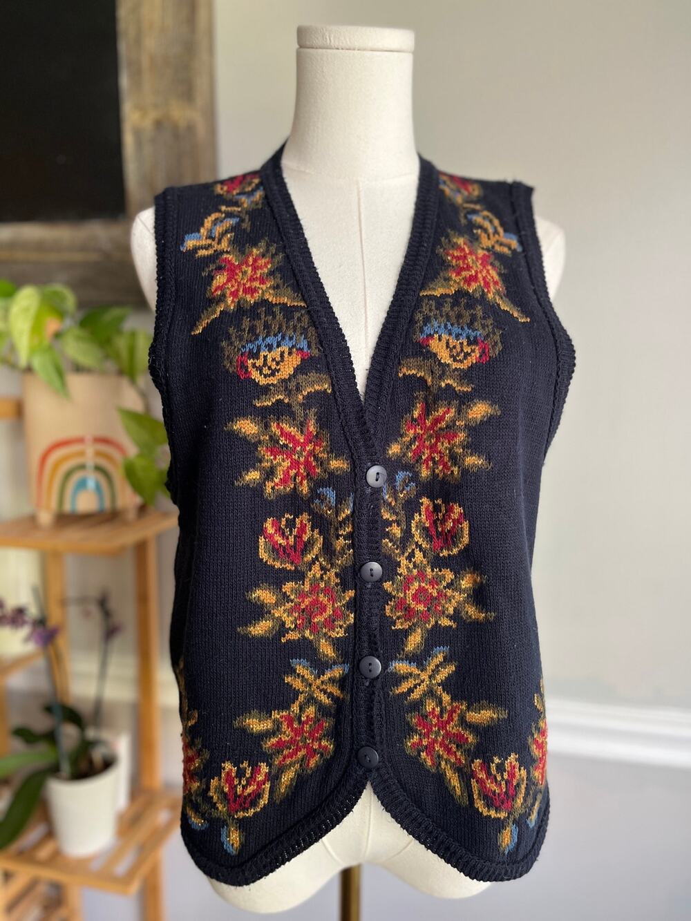 Vintage 90s Navy Sweater Vest Dark Floral Button Front Size Medium